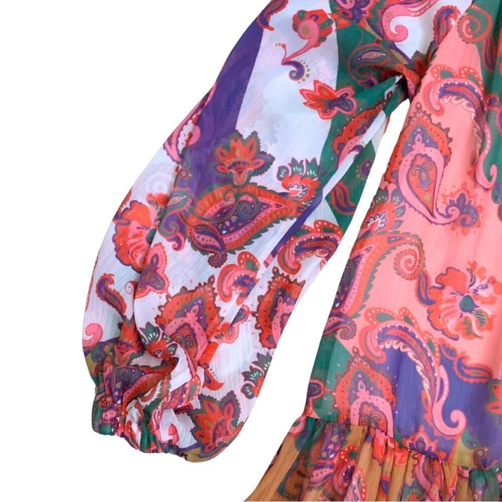 Colorful Pink Paisley Floral Print Long Sleeve Short Dress L’Atiste Small Mini - Picture 4 of 14